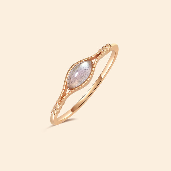 Handcrafted 14k gold-plated marquise labradorite ring with a split-shank band and beaded bezel detail, vintage-inspired bohemian relic jewelry by LIRAE.