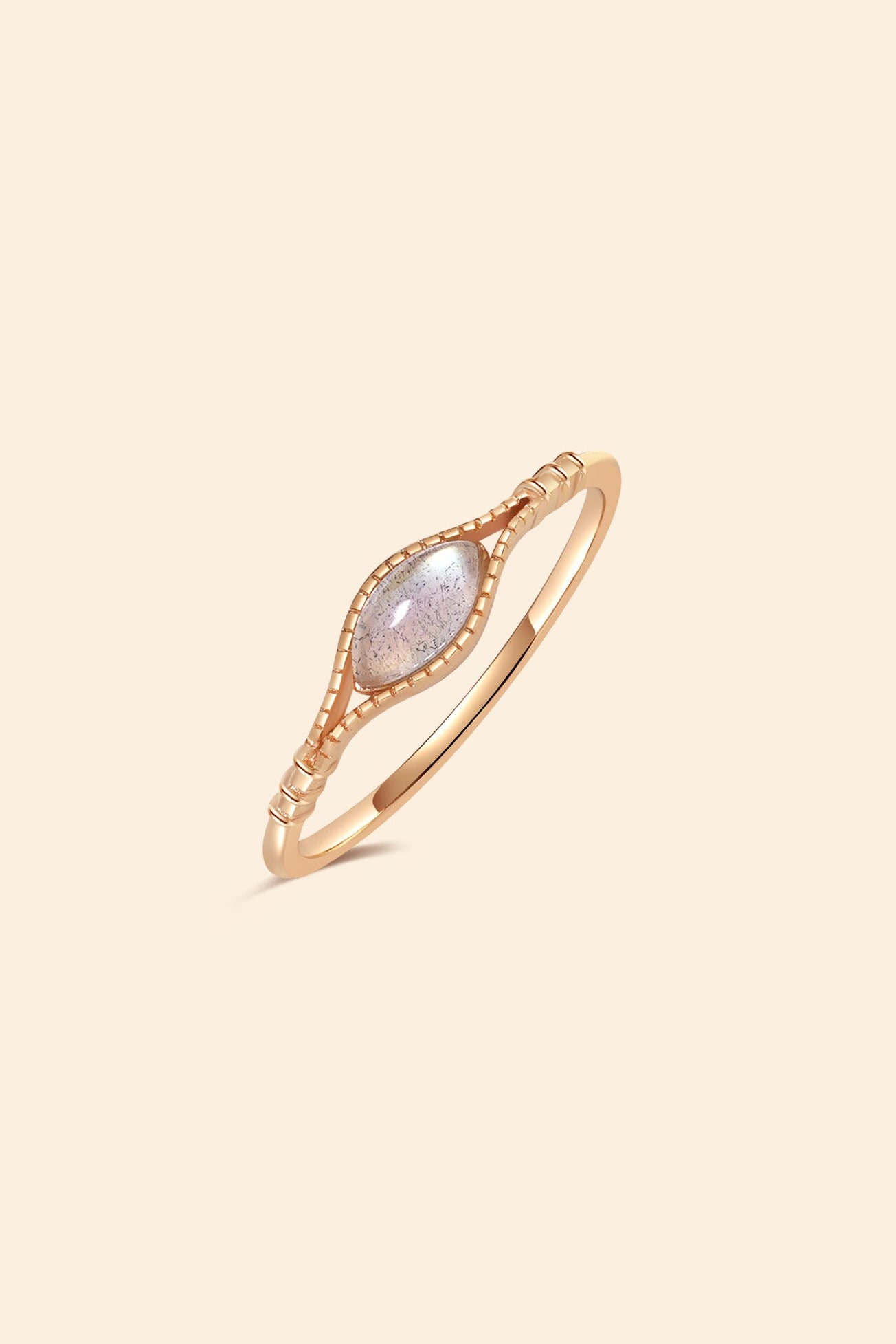 Handcrafted 14k gold-plated marquise labradorite ring with a split-shank band and beaded bezel detail, vintage-inspired bohemian relic jewelry by LIRAE.