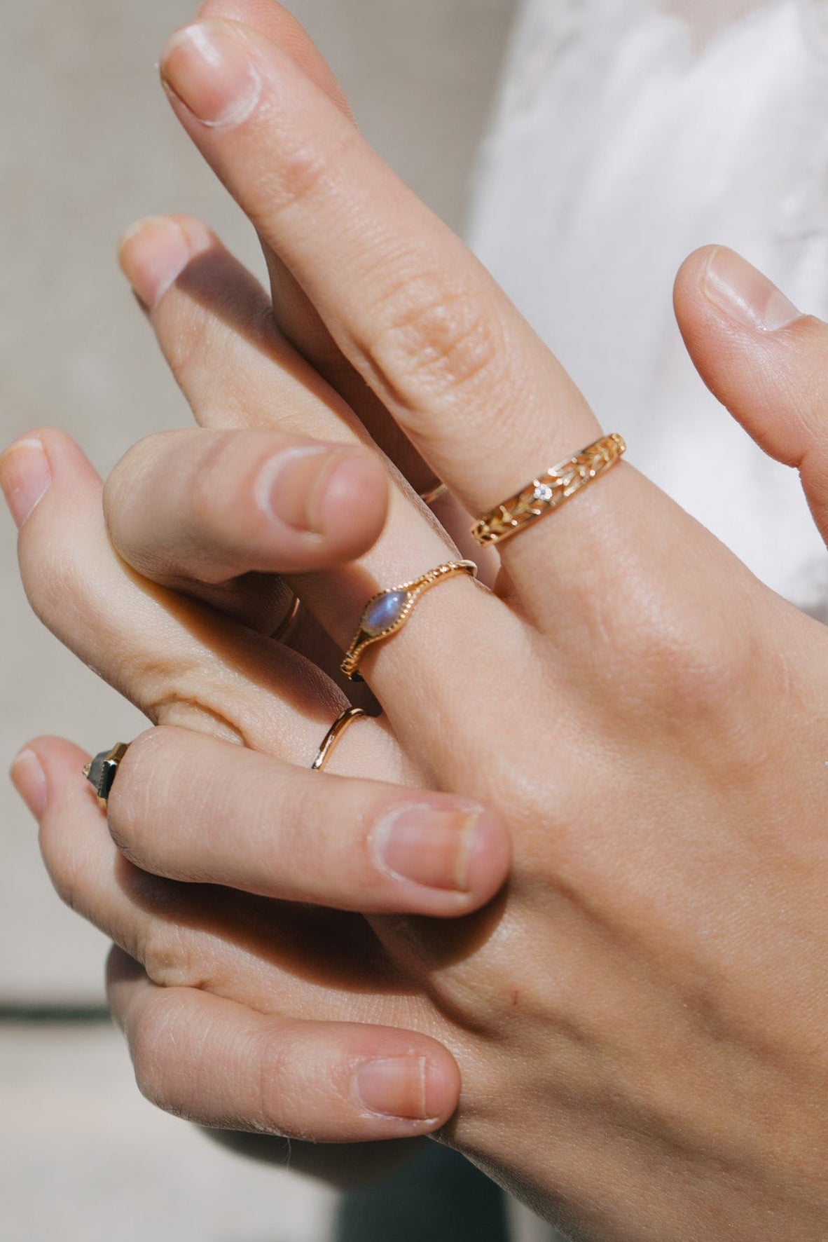 Handcrafted 14k gold-plated marquise labradorite ring with a split-shank band and beaded bezel detail, vintage-inspired bohemian relic jewelry by LIRAE.