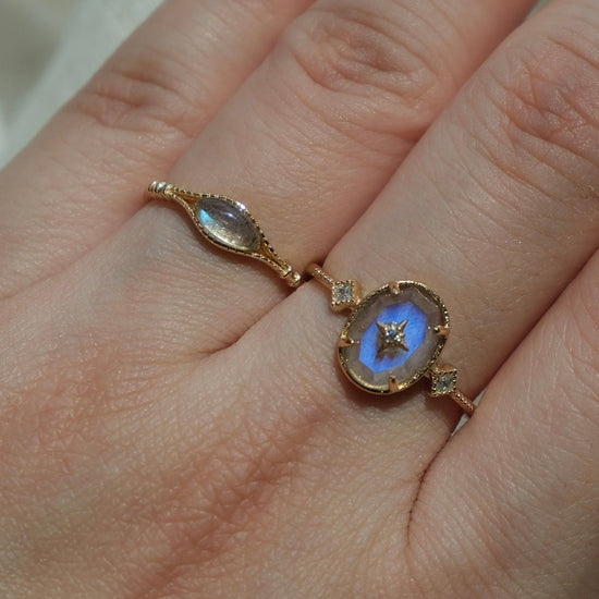Handcrafted 14k gold-plated marquise labradorite ring with a split-shank band and beaded bezel detail, vintage-inspired bohemian relic jewelry by LIRAE.