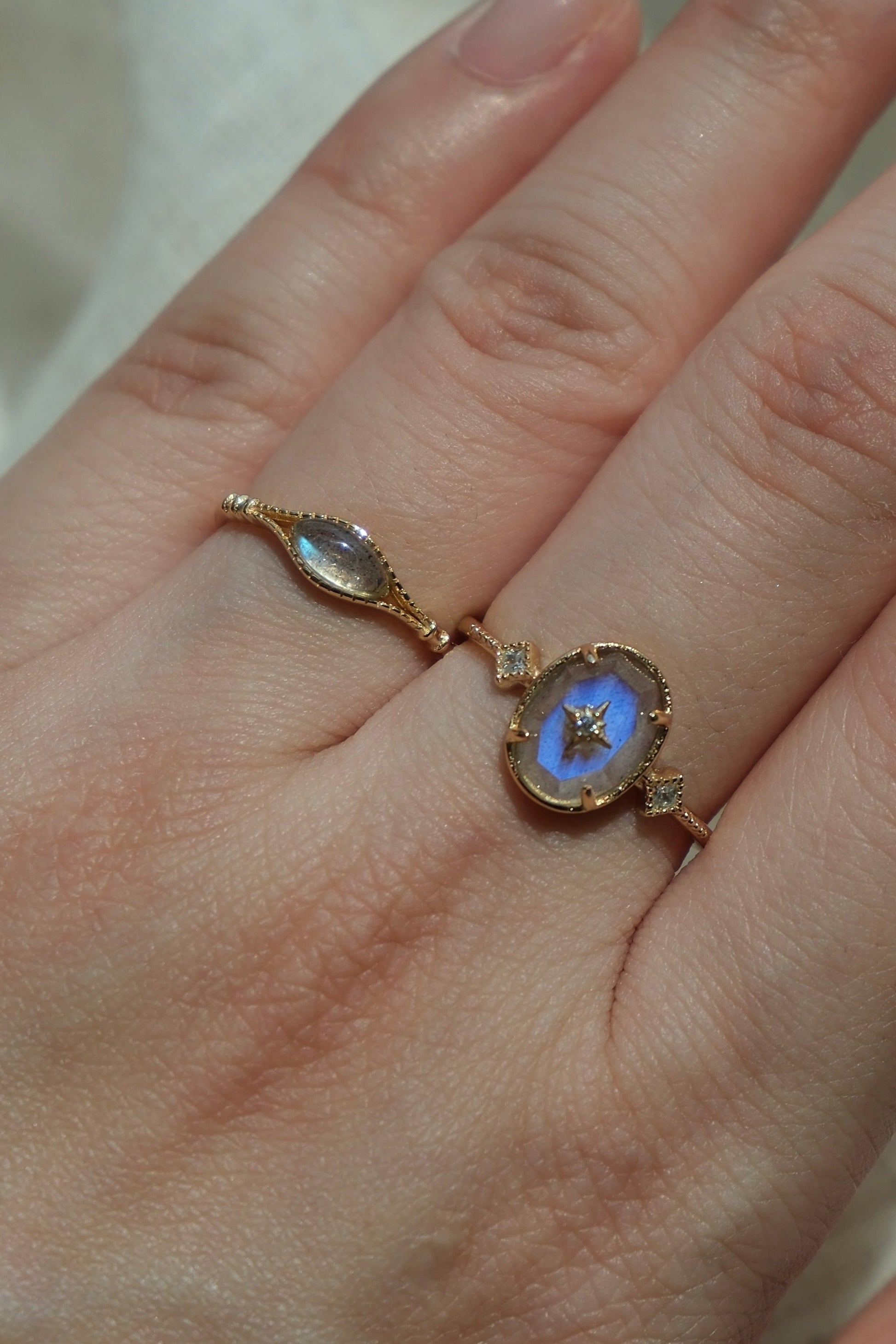 Handcrafted 14k gold-plated marquise labradorite ring with a split-shank band and beaded bezel detail, vintage-inspired bohemian relic jewelry by LIRAE.
