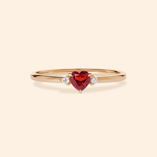 Dainty heart-shaped red garnet gold ring with diamond accents, 14k gold vermeil over 925 sterling silver stacking band by LIRAE.