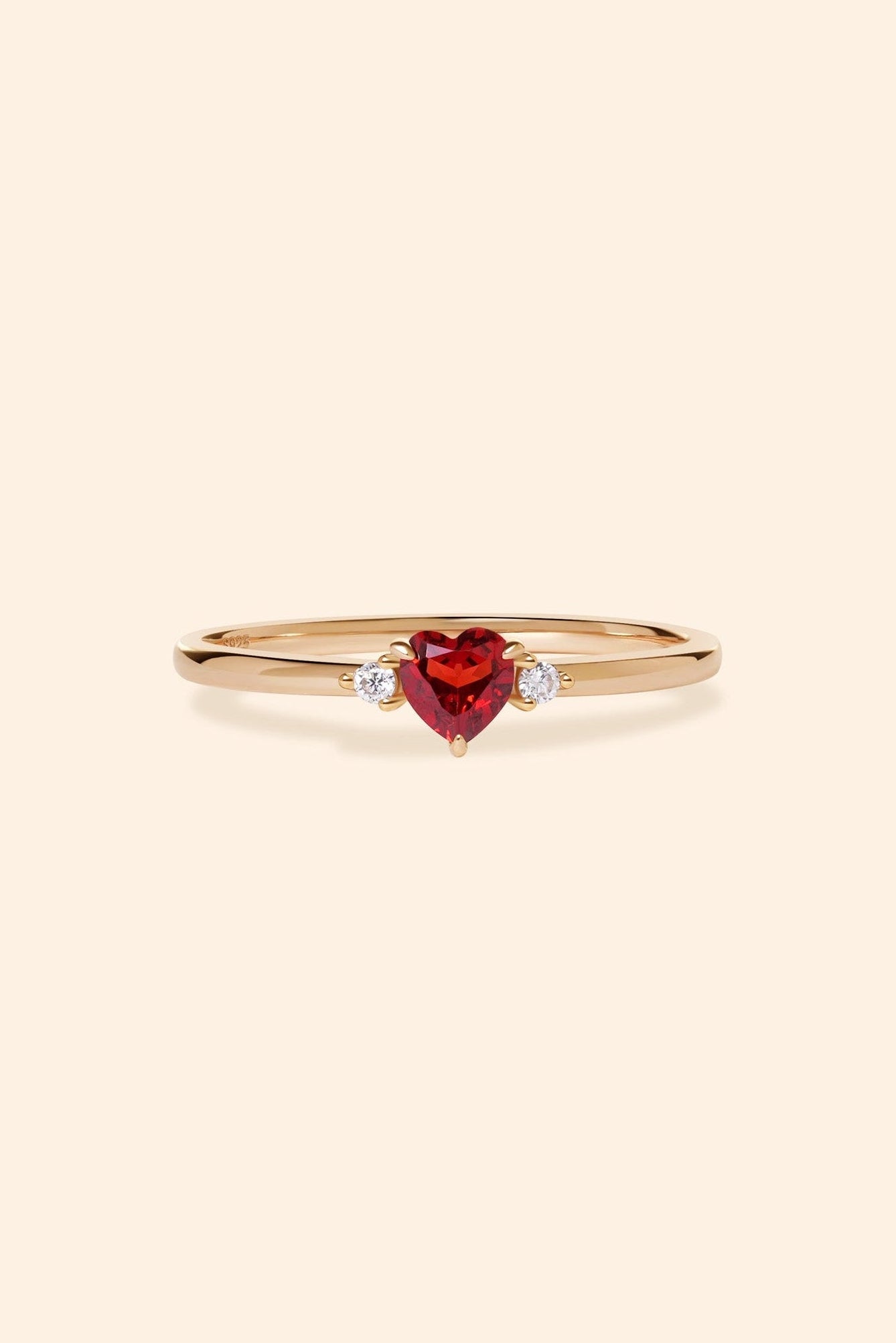 Dainty heart-shaped red garnet gold ring with diamond accents, 14k gold vermeil over 925 sterling silver stacking band by LIRAE.