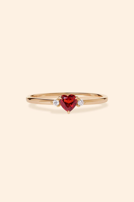 Dainty heart-shaped red garnet gold ring with diamond accents, 14k gold vermeil over 925 sterling silver stacking band by LIRAE.