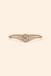 LIRAE Art Deco gold ring featuring a geometric rhombus design with milgrain edges and three moissanites, vintage-inspired stackable jewelry.