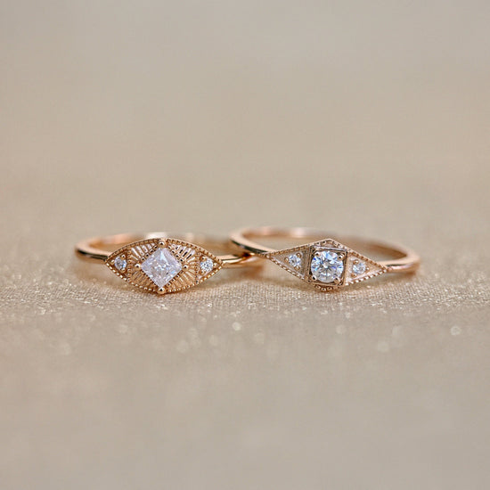 LIRAE Art Deco gold ring featuring a geometric rhombus design with milgrain edges and three moissanites, vintage-inspired stackable jewelry.