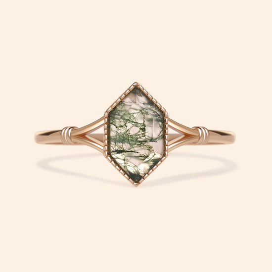 Moss agate ring with green inclusions on delicate gold band