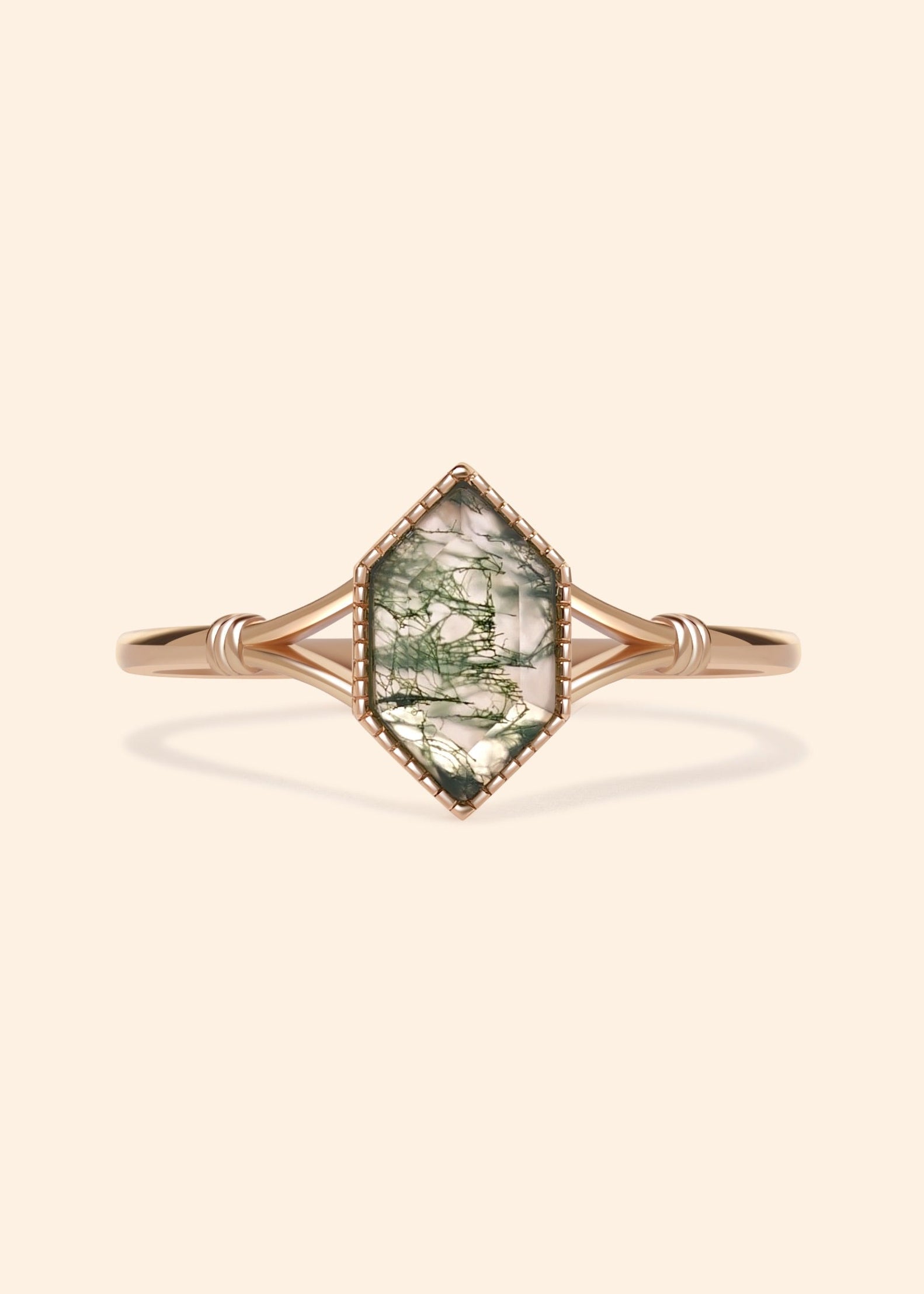 Moss agate ring with green inclusions on delicate gold band