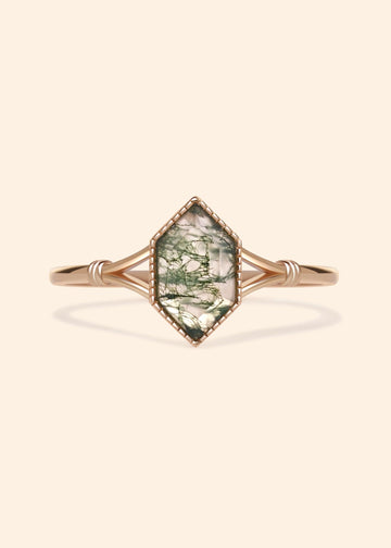 Moss agate ring with green inclusions on delicate gold band
