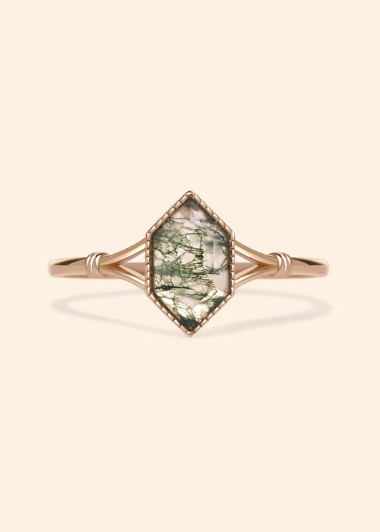 Moss agate ring with green inclusions on delicate gold band