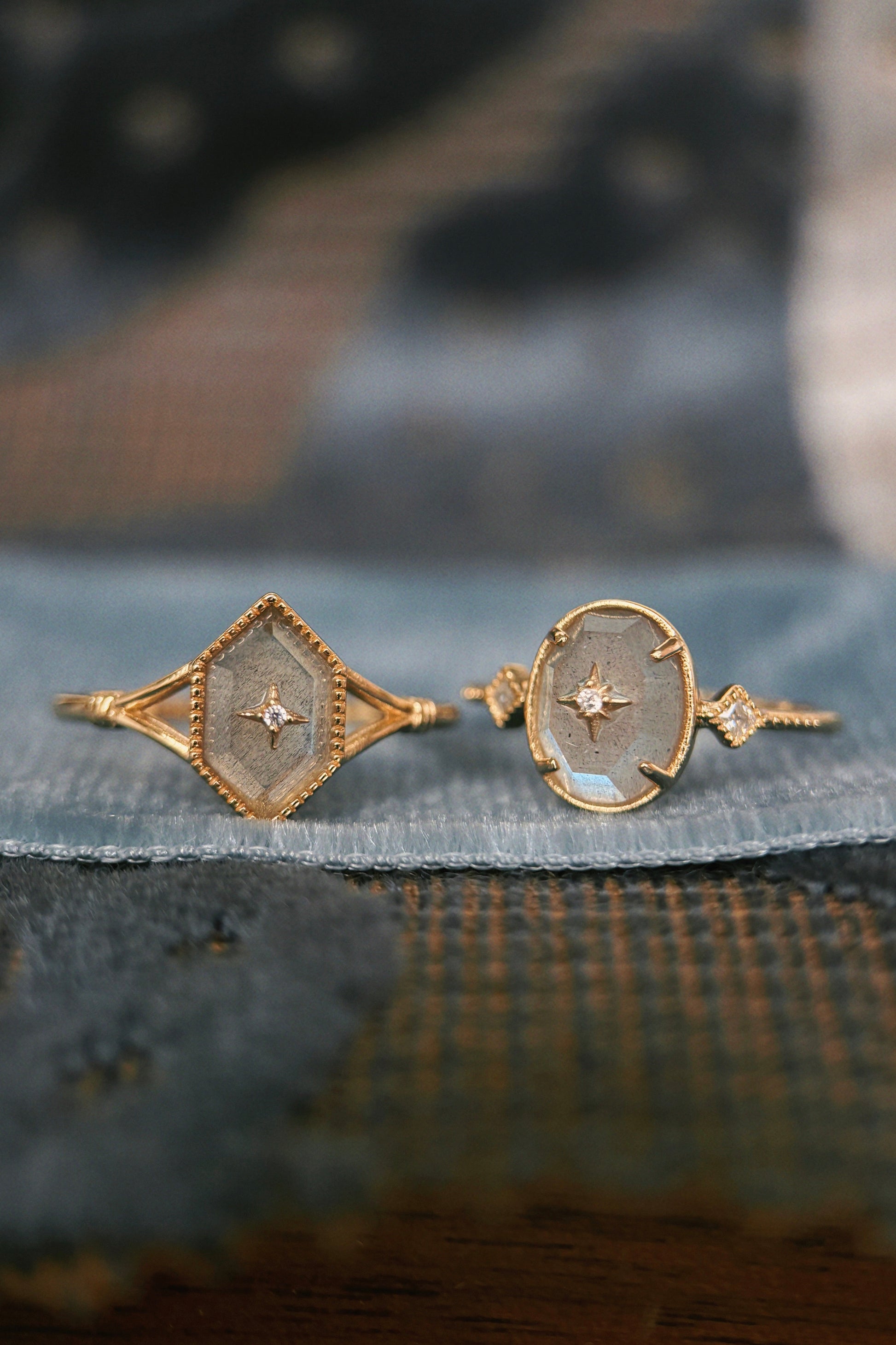 Bold 14k gold oval labradorite statement ring with a central starburst diamond motif and side diamond accents, vintage celestial relic jewelry by LIRAE.