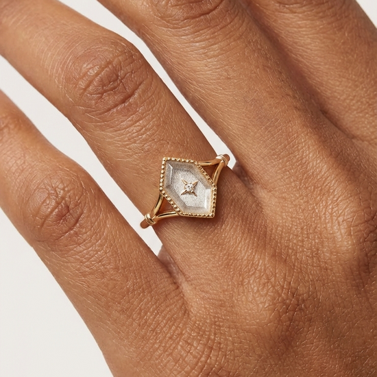 Handmade 14k gold rhombus labradorite ring with a gold diamond star motif, vintage signet ring by LIRAE.