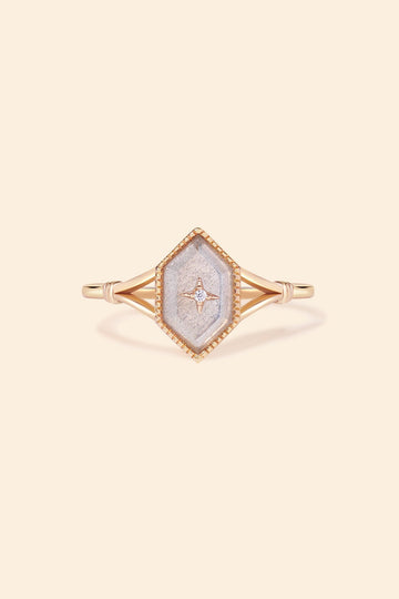 Handmade 14k gold rhombus labradorite ring with a gold diamond star motif, vintage signet ring by LIRAE.