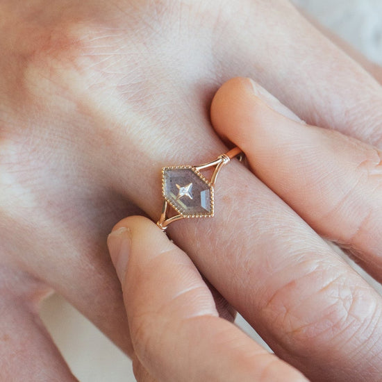 Handmade rhombus labradorite ring with a gold diamond star motif, vintage signet ring by LIRAE.