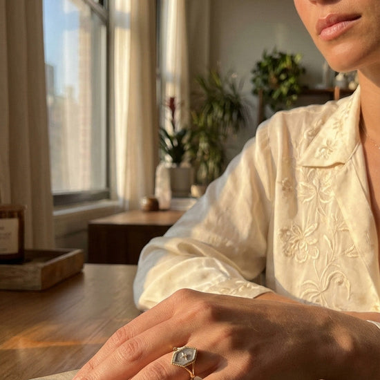 Handmade 14k gold rhombus labradorite ring with a gold diamond star motif, vintage signet ring by LIRAE.