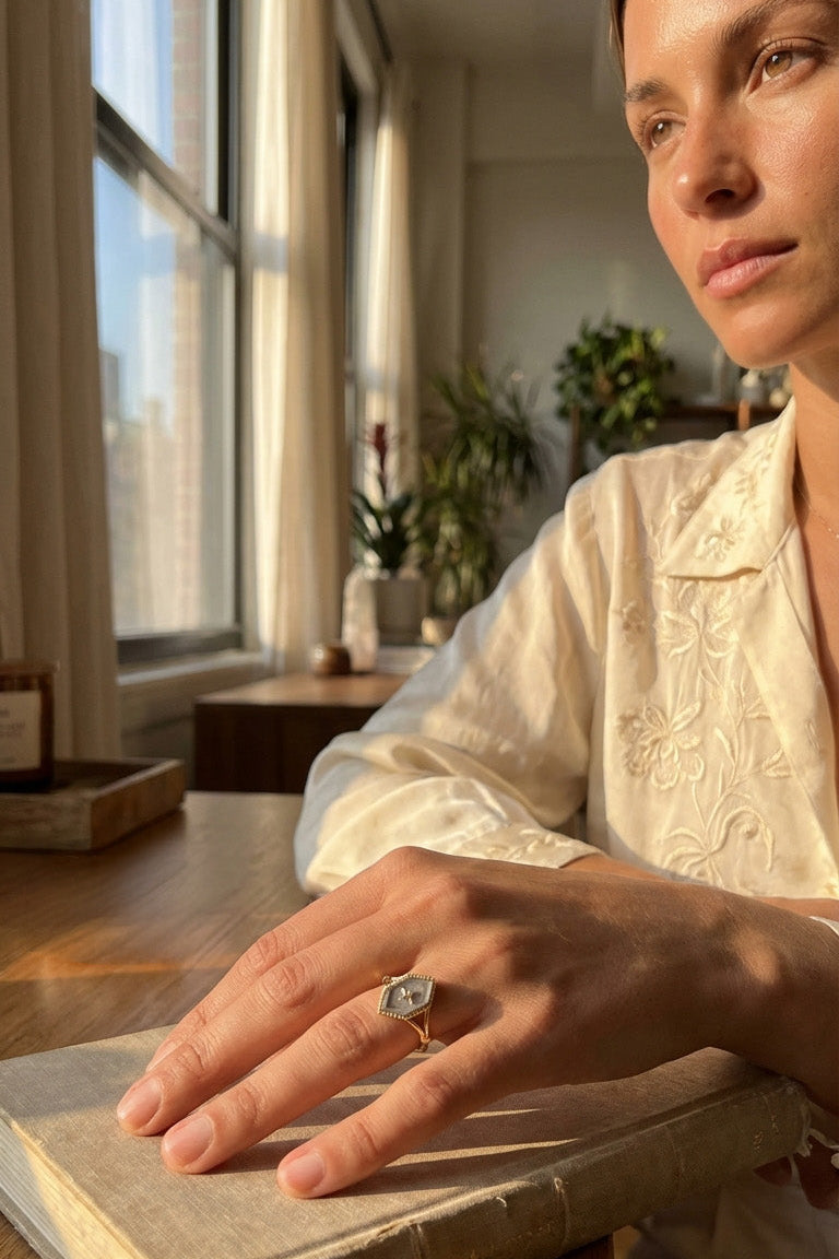 Handmade 14k gold rhombus labradorite ring with a gold diamond star motif, vintage signet ring by LIRAE.