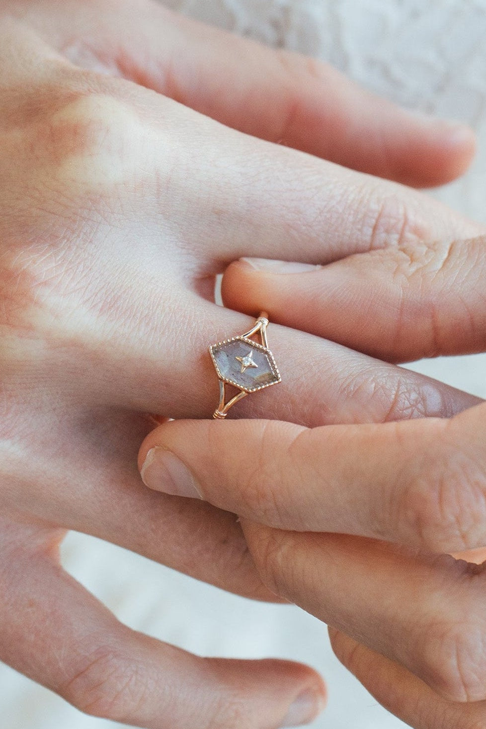 Handmade 14k gold rhombus labradorite ring with a gold diamond star motif, vintage signet ring by LIRAE.