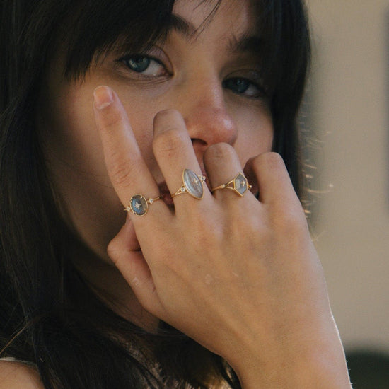 Handmade 14k gold rhombus labradorite ring with a gold diamond star motif, vintage signet ring by LIRAE.