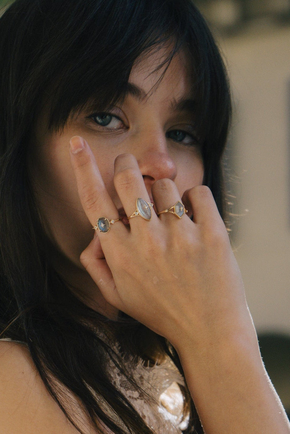 Handmade 14k gold rhombus labradorite ring with a gold diamond star motif, vintage signet ring by LIRAE.