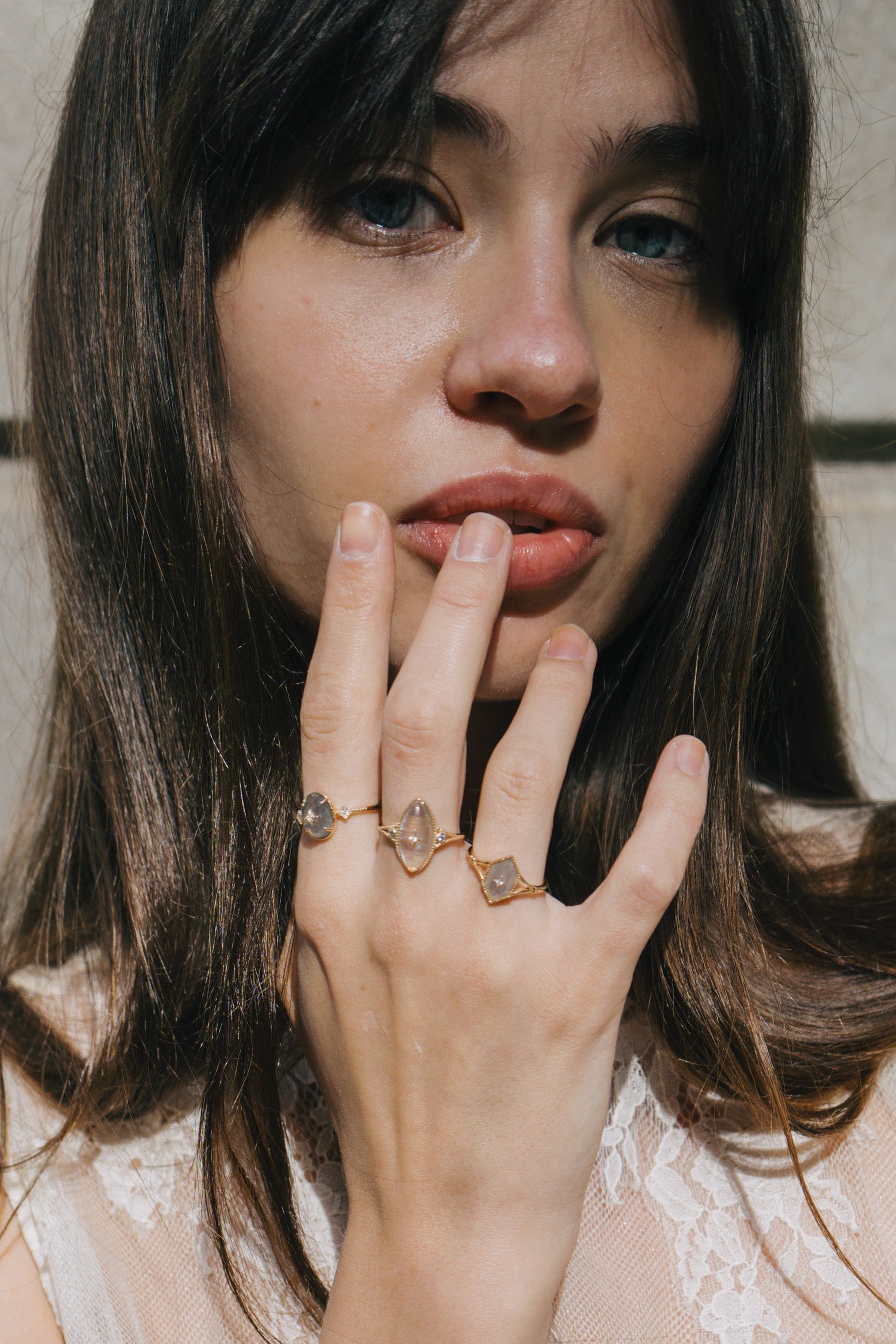 Handmade 14k gold rhombus labradorite ring with a gold diamond star motif, vintage signet ring by LIRAE.