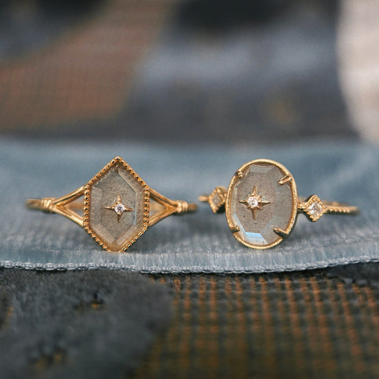 Handmade 14k gold rhombus labradorite ring with a gold diamond star motif, vintage signet ring by LIRAE.