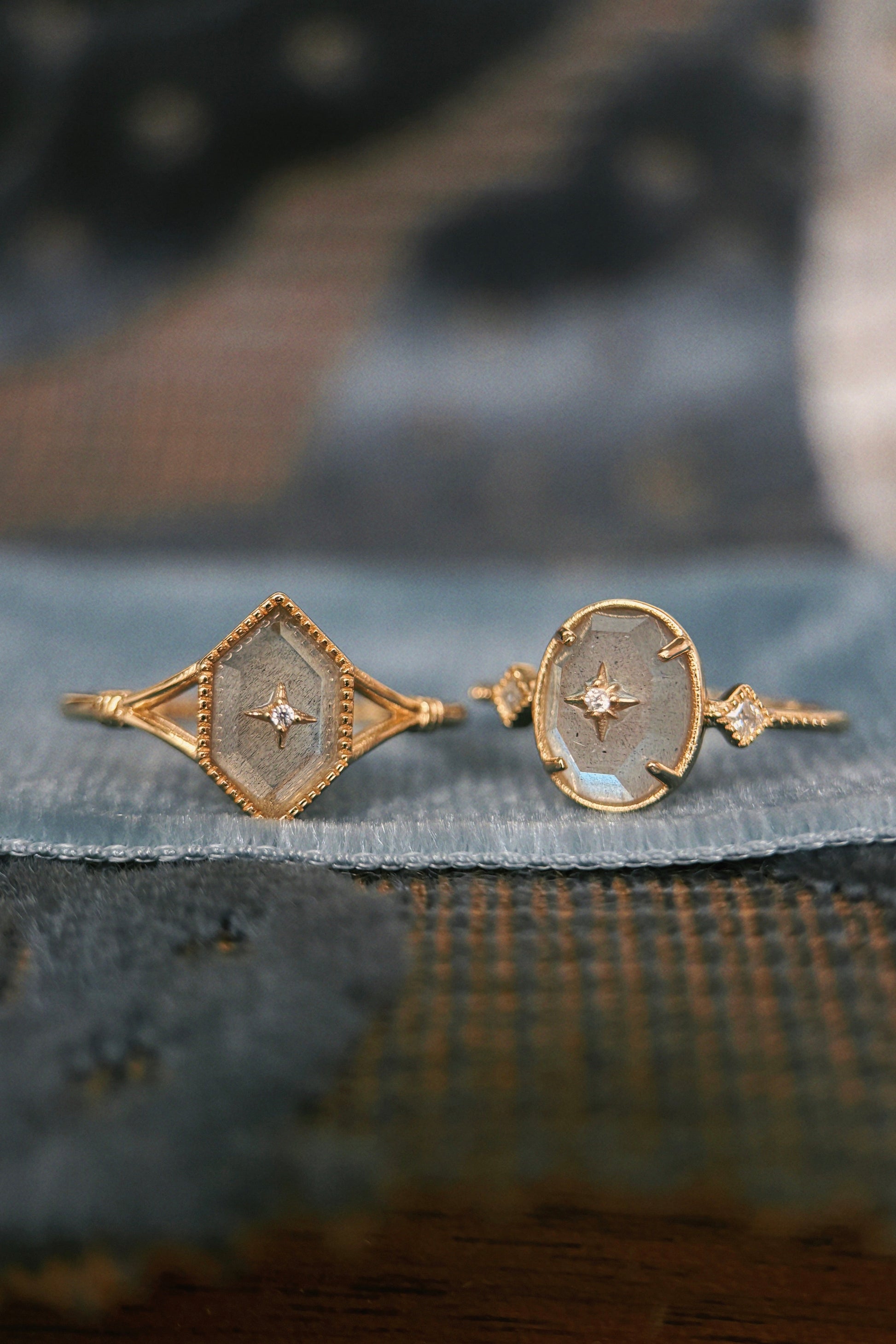 Handmade 14k gold rhombus labradorite ring with a gold diamond star motif, vintage signet ring by LIRAE.