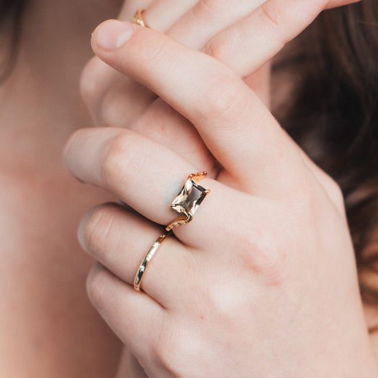 LIRAE emerald cut smoky quartz ring with gold snake motif band, mystical serpent statement jewelry for women, vintage inspired snake ring.