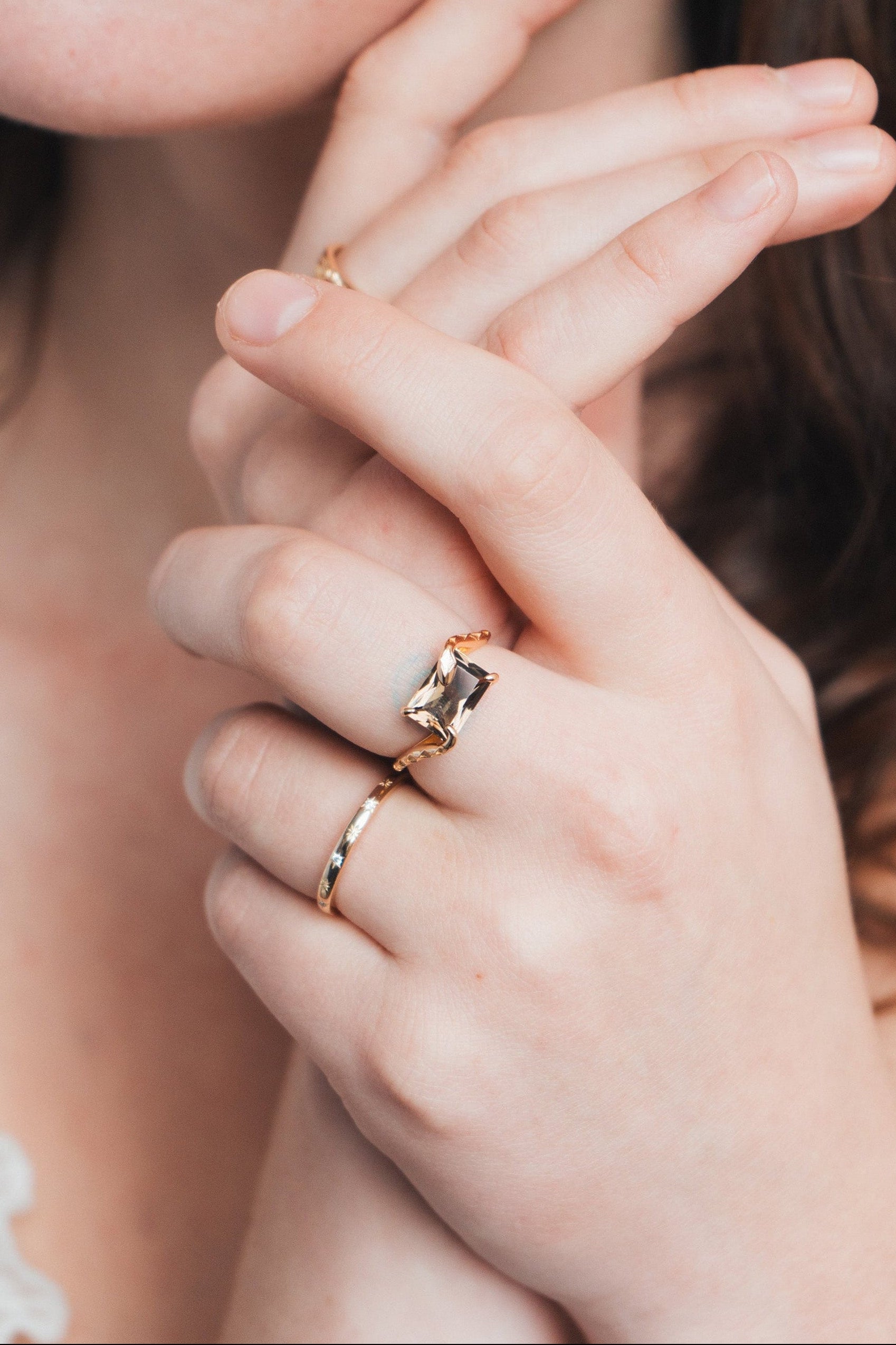 LIRAE emerald cut smoky quartz ring with gold snake motif band, mystical serpent statement jewelry for women, vintage inspired snake ring.