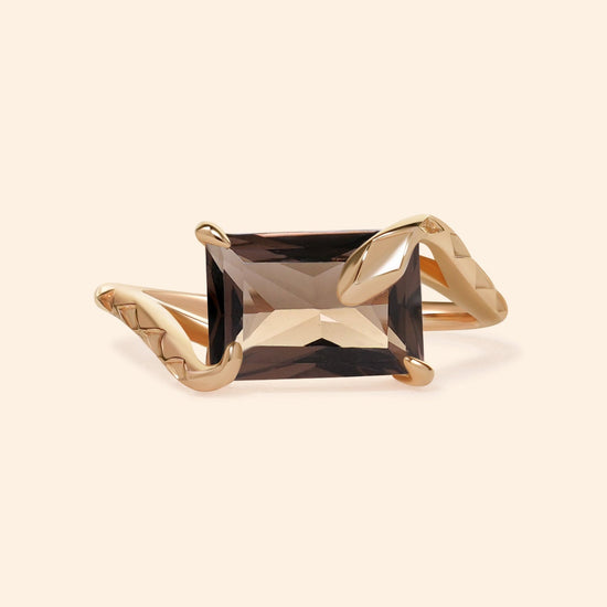 LIRAE emerald cut smoky quartz ring with gold snake motif band, mystical serpent statement jewelry for women, vintage inspired snake ring.