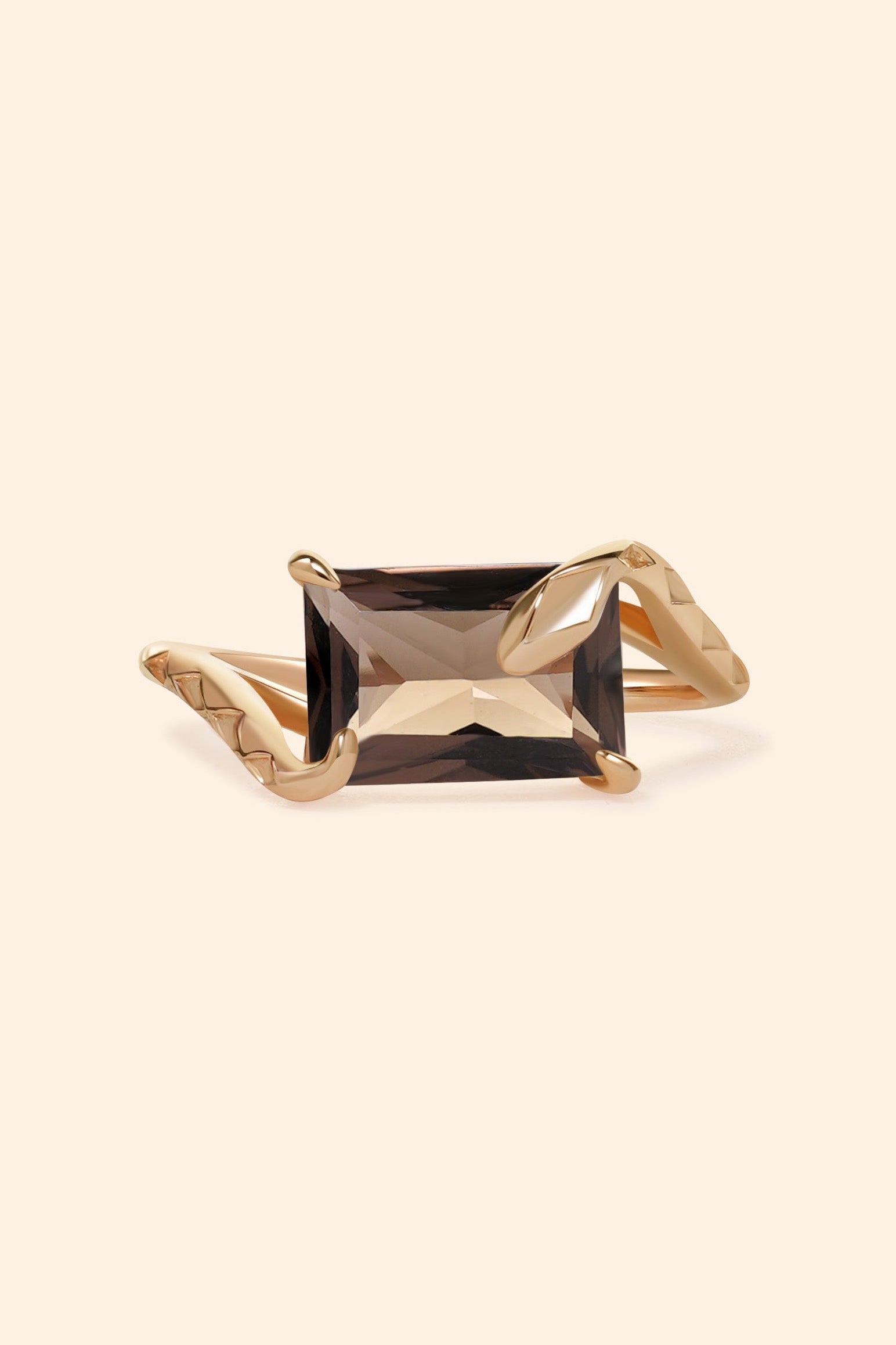 LIRAE emerald cut smoky quartz ring with gold snake motif band, mystical serpent statement jewelry for women, vintage inspired snake ring.