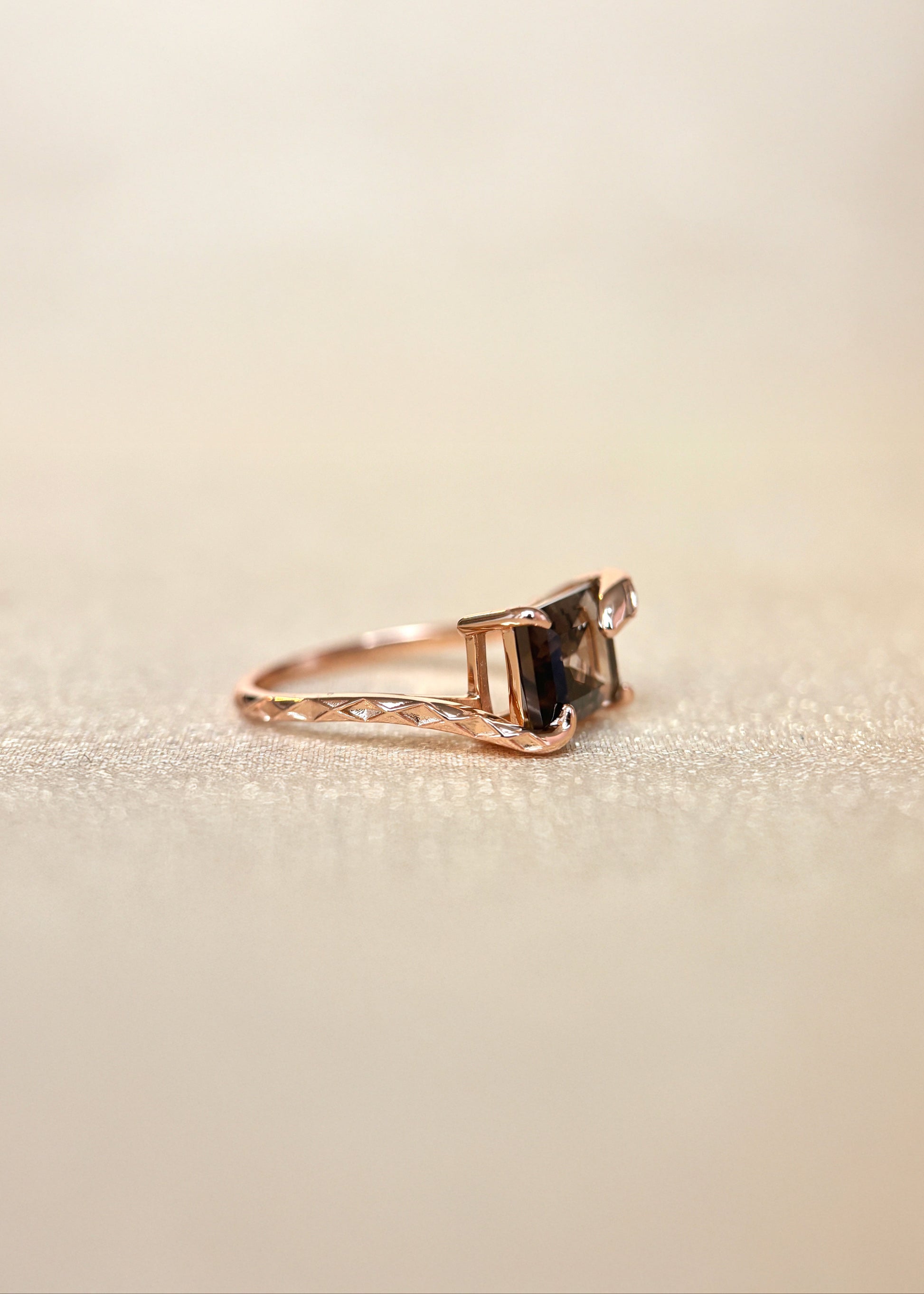 LIRAE emerald cut smoky quartz ring with gold snake motif band, mystical serpent statement jewelry for women, vintage inspired snake ring.