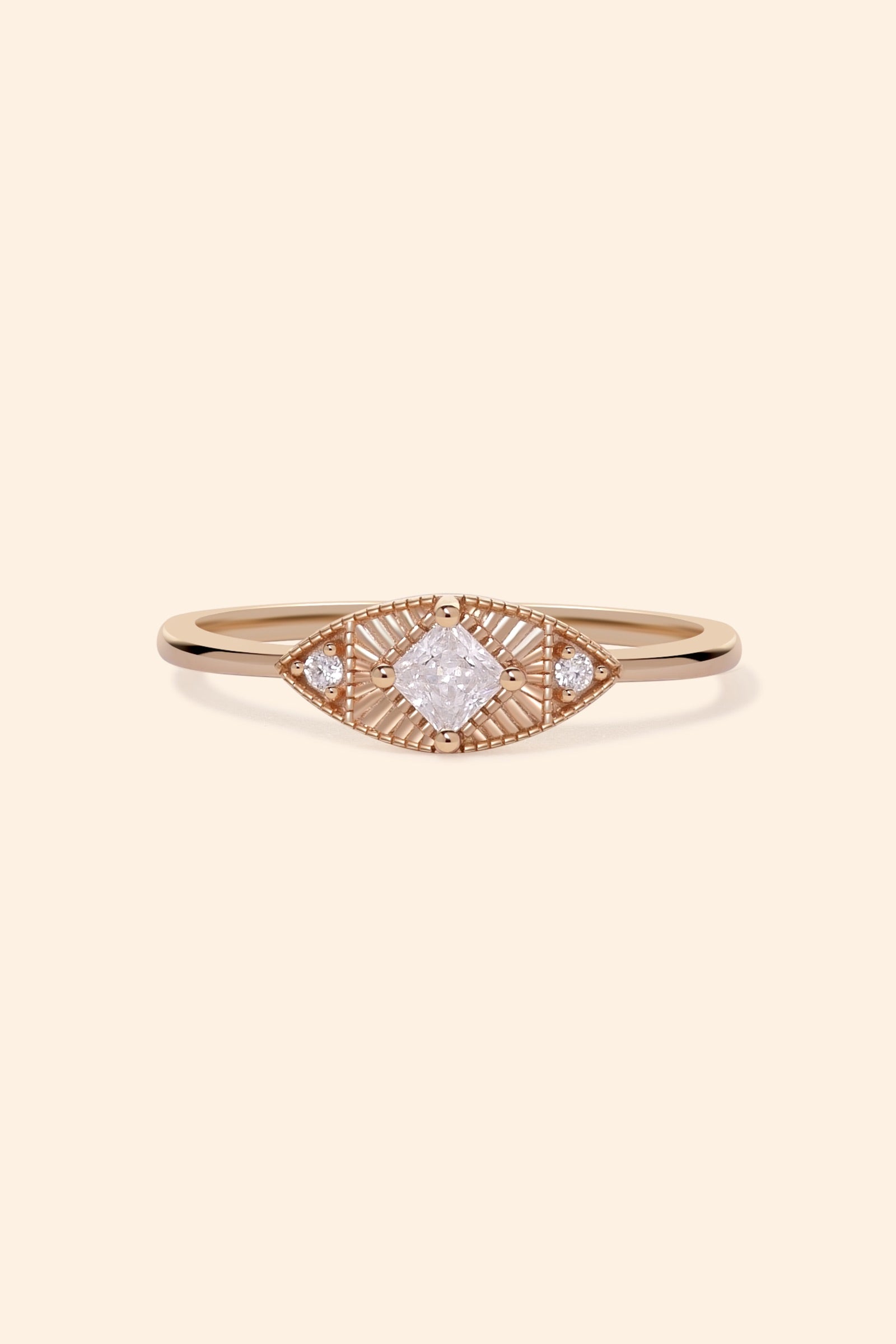 LIRAE vintage-inspired gold ring featuring a square-cut moissanite and sunburst radiant texture, geometric Art Deco jewelry for women.