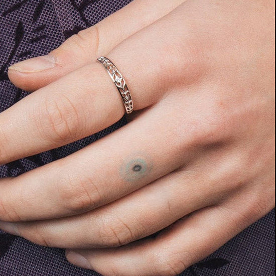 Hand-made silver band with Crescent Moon and North Star motifs, celestial-inspired wedding or stacking ring by LIRAE.