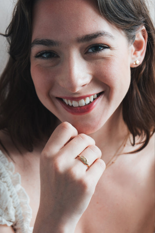 Vintage-inspired 14k gold plated triple star signet ring with diamond accents, handcrafted celestial talisman ring by LIRAE.