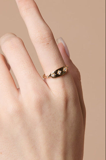 Vintage-inspired 14k gold plated triple star signet ring with diamond accents, handcrafted celestial talisman ring by LIRAE.