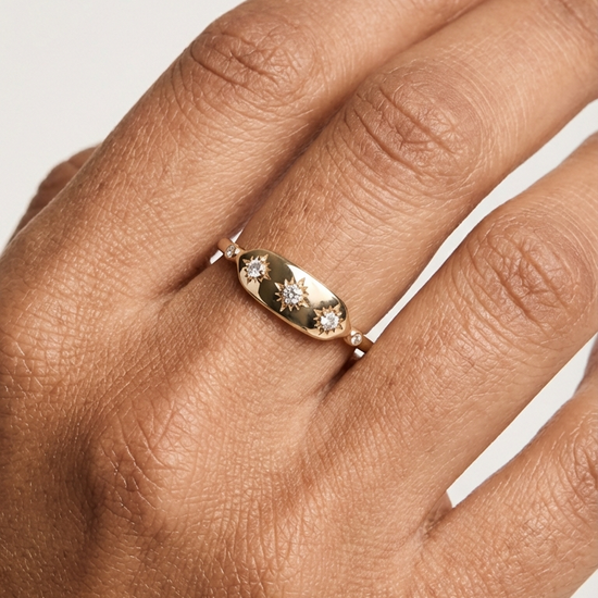 Vintage-inspired 14k gold plated triple star signet ring with diamond accents, handcrafted celestial talisman ring by LIRAE.