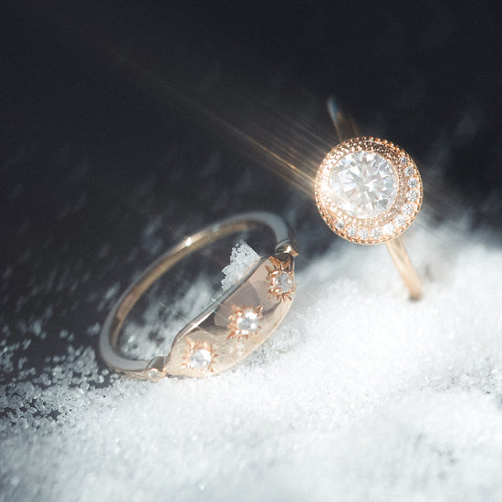 Vintage-inspired 14k gold plated triple star signet ring with diamond accents, handcrafted celestial talisman ring by LIRAE.