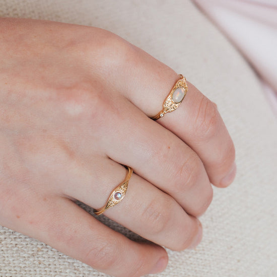 Intricately engraved 14k gold plated filigree band with a center iridescent opal, vintage-inspired scrollwork wedding or stacking ring by LIRAE.
