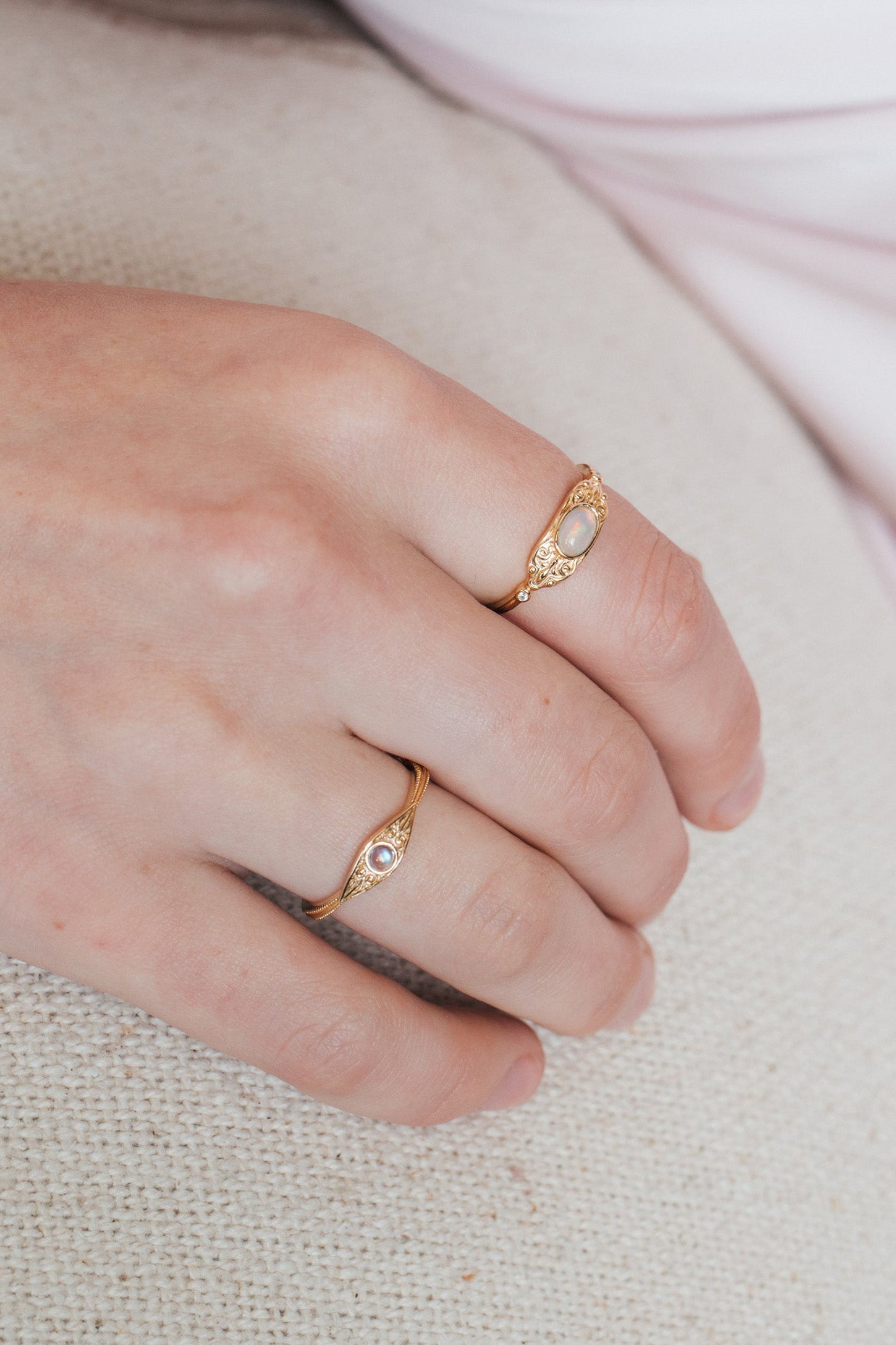 Intricately engraved 14k gold plated filigree band with a center iridescent opal, vintage-inspired scrollwork wedding or stacking ring by LIRAE.
