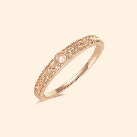 Intricately engraved 14k gold plated filigree band with a center iridescent opal, vintage-inspired scrollwork wedding or stacking ring by LIRAE.