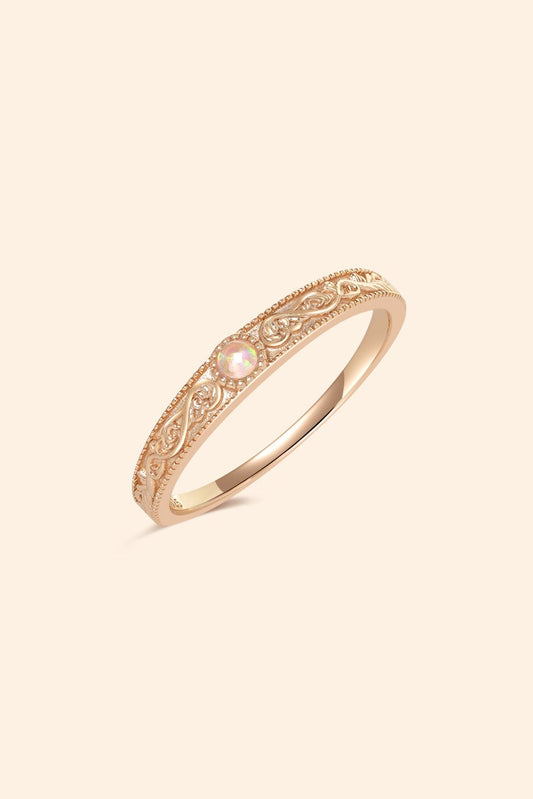Intricately engraved 14k gold plated filigree band with a center iridescent opal, vintage-inspired scrollwork wedding or stacking ring by LIRAE.