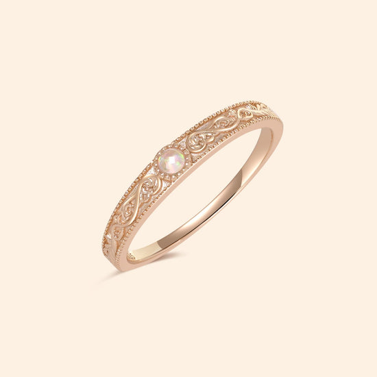 Intricately engraved 14k gold plated filigree band with a center iridescent opal, vintage-inspired scrollwork wedding or stacking ring by LIRAE.