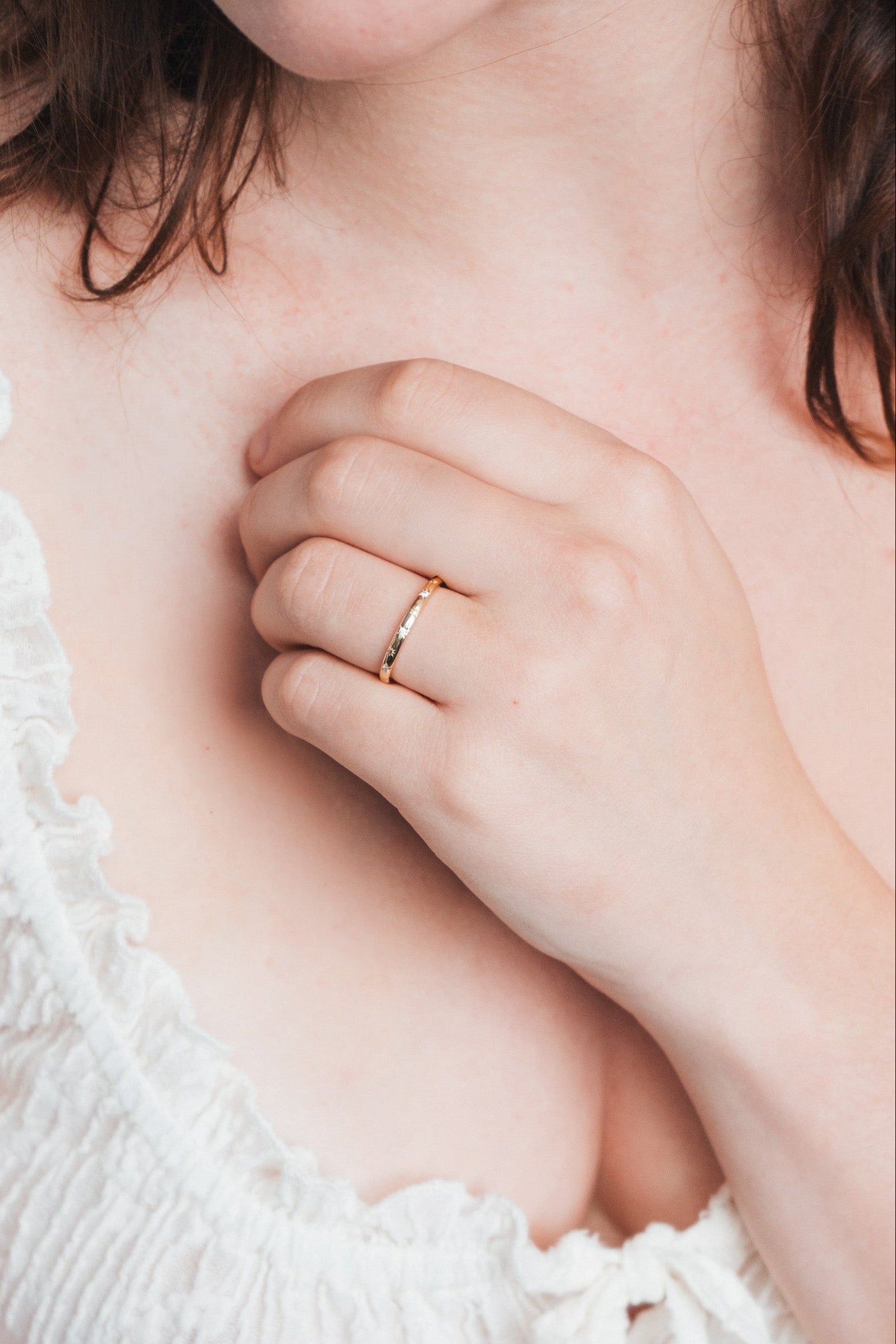 Ring with starburst engravings, celestial jewelry by LIRAE.