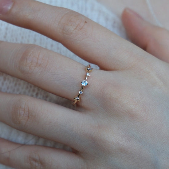 Dainty 14K gold plated moonstone ring with crescent moon motifs, celestial bohemian jewelry for women by LIRAE.