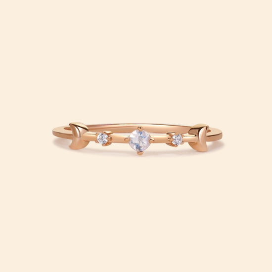 Dainty 14K gold plated moonstone ring with crescent moon motifs, celestial bohemian jewelry for women by LIRAE.