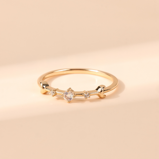Dainty 14K gold plated moonstone ring with crescent moon motifs, celestial bohemian jewelry for women by LIRAE.