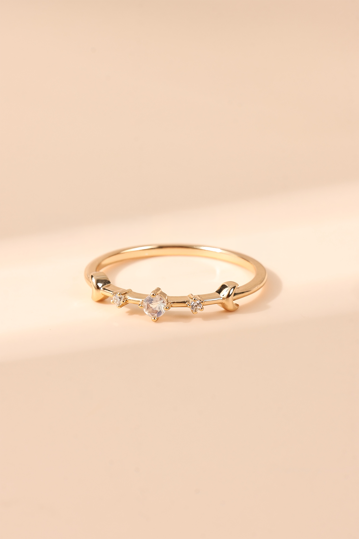 Dainty 14K gold plated moonstone ring with crescent moon motifs, celestial bohemian jewelry for women by LIRAE.